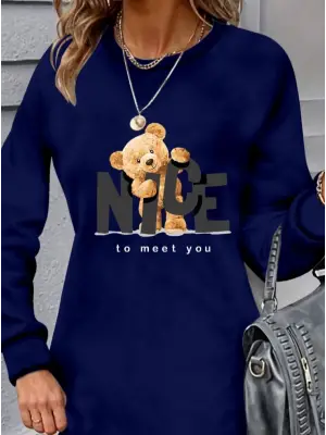 Omarı Zarif Ayı Desenli Uzun Kollu Viskon Elbise