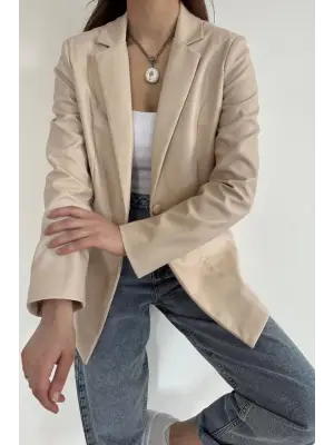 Omarı Deri Ceket - Bej Düğmeli Stil Sahibi Moda Parçası