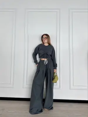 Omarı Önü İp Detaylı Crop ve Pantolon İkili Takım - Antrasit