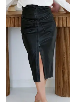 Omarı Siyah Deri Ayrıntılı Mini Etek