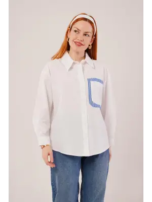 Omarı Çizgili Detaylı Beyaz Gömlek