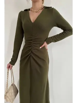 Omarı Haki Büzgülü Balık Elbise - Modayı Takip Edenler İçin