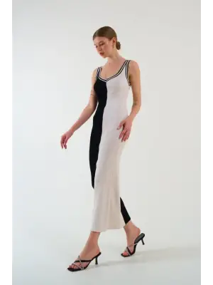 Omarı Şık İki Renkli Kolsuz Elbise