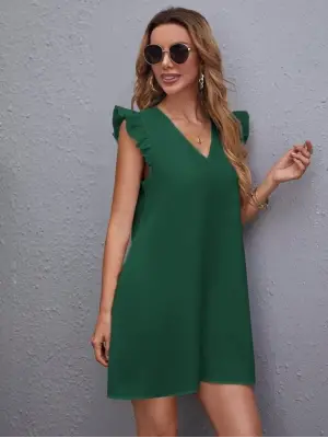 Omarı İthal Krep Elbise - Kadın Kısa Kollu V Yakalı