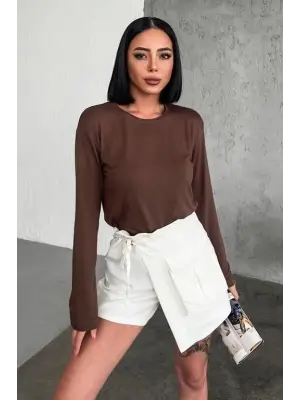 Omarı Şık Kahverengi Uzun Kollu Viskon Penye Body