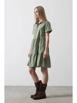 Omarı Şık Kısa Kol Elbise - Haki