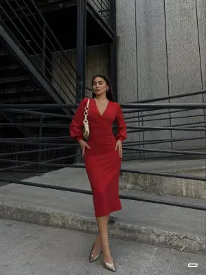 Omarı Simli Kumaş Midi Boy Elbise