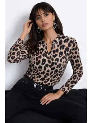 Şık Leopar Desenli V Yakalı Kadın Bluz