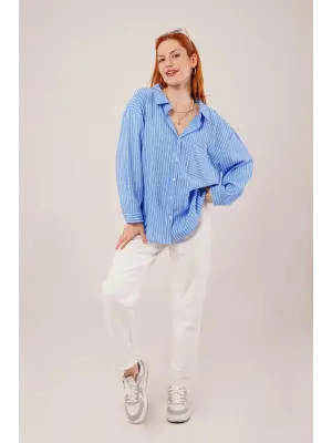 Omarı Modern Tasarımlı Cepli Mavi Gömlek