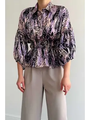 Omarı Saten Beli Lastikli Lila Gömlek