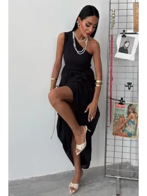 Omarı Zarif Tek Omuzlu Maxi Elbise