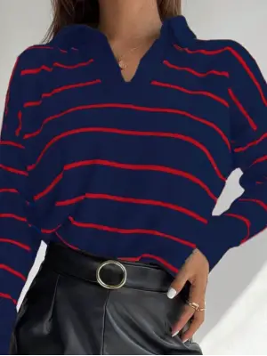 Omarı Şık Çizgili V Yaka Triko Bluz