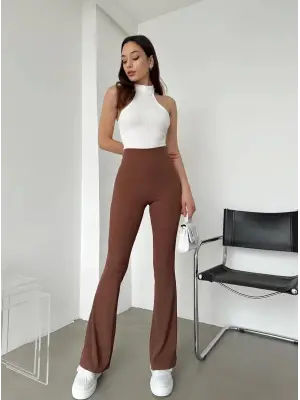 Omarı Fitilli Yüksek Bel İspanyol Paça Kahverengi Tayt