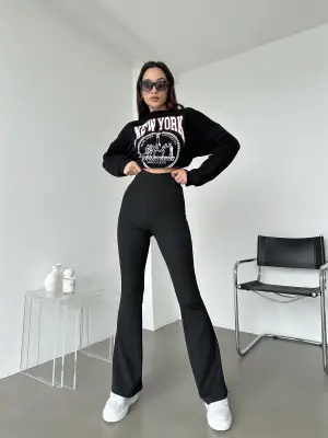 Omarı Şık Ve Rahat Yüksek Bel Fitilli Siyah Tayt