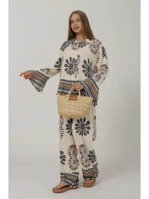 Omarı Volan Detaylı Desenli Pantolon Takım - Antrasit