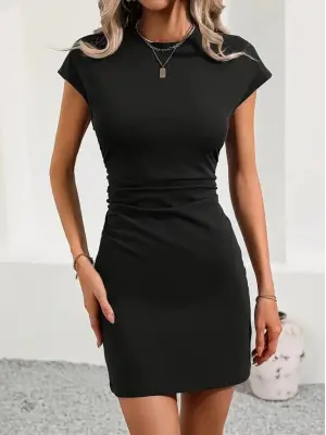 Omarı Trendy Bisiklet Yaka Yanları Büzgülü Kısa Elbise