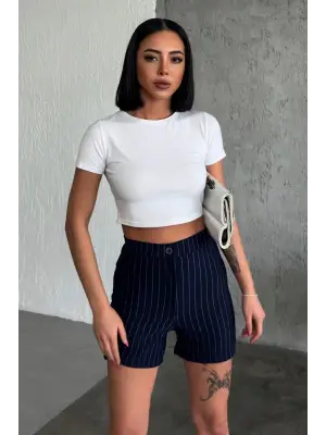 Omarı Yüksek Bel Esnek Çizgili Şort Lacivert