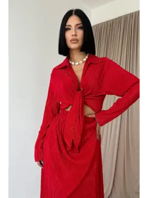 Omarı Kırmızı Uzun Etek ve Gömlek Takımı