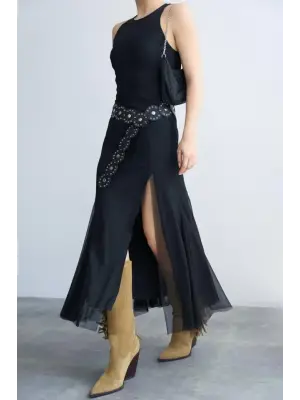 Omarı Zarif Siyah Tül Elbise