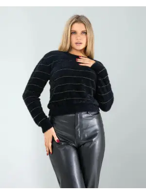 Omarı Siyah Triko Sim Şeritli Moda Trendi