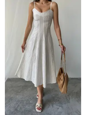 SİMLİ ÇİZGİLİ ASKILI ELBİSE MİDİ BOY - Kahverengi