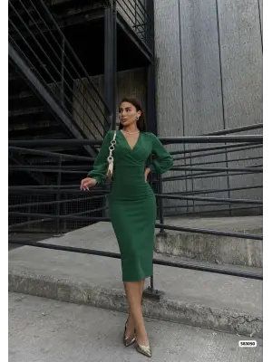 Omarı Simli Krep Kumaş Midi Boy Elbise