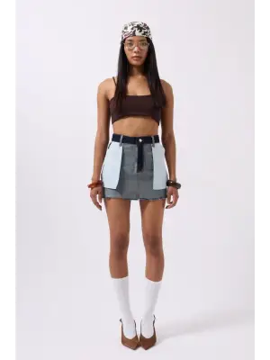 Omarı Ters Detaylı Denim Mini Etek