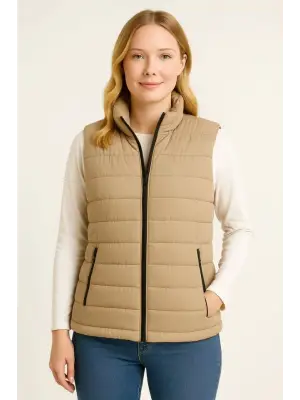 Şişme Fermuarlı Yelek Su Itici Kapitone Astarlı Kumaş Cepli Hafif Kışlık Spor Rahat Kalıp - Bej