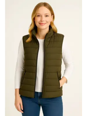 Haki Şişme Fermuarlı Yelek Kadın Giyim