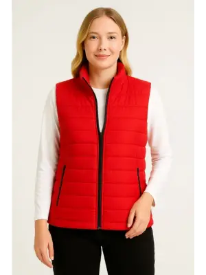 Şişme Fermuarlı Yelek Su Itici Kapitone Astarlı Kumaş Cepli Hafif Kışlık Spor Rahat Kalıp - Kırmızı