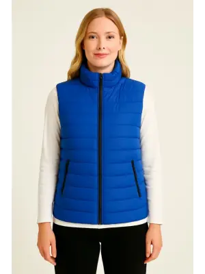 Şişme Fermuarlı Yelek Su Itici Kapitone Astarlı Kumaş Cepli Hafif Kışlık Spor Rahat Kalıp - Saks Mavisi