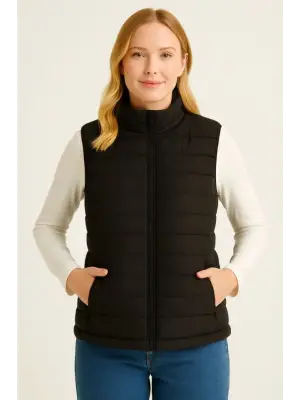 Şişme Fermuarlı Yelek Su Itici Kapitone Astarlı Kumaş Cepli Hafif Kışlık Spor Rahat Kalıp - Siyah