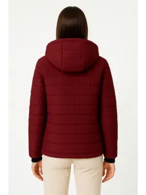 Şişme Kapüşonlu Fermuarlı Mont Su Itici Kapitone Astarlı Kumaş Cepli Kışlık Rahat Kalıp - Bordo