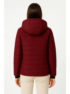 Şişme Kapüşonlu Fermuarlı Mont Su Itici Kapitone Astarlı Kumaş Cepli Kışlık Rahat Kalıp - Bordo