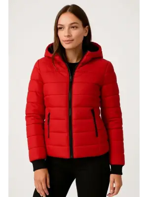 Kırmızı Şişme Kapüşonlu Fermuarlı Mont Kadın Giyim