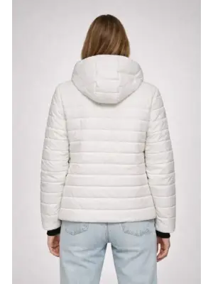 Şişme Kapüşonlu Fermuarlı Mont Su Itici Kapitone Astarlı Kumaş Cepli Kışlık Rahat Kalıp - Krem