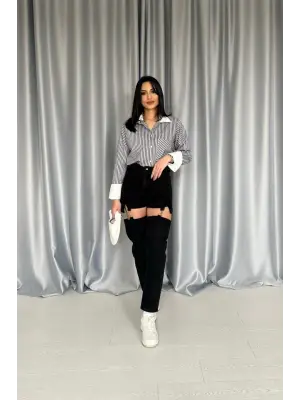 Siyah Askılı İki Parça Jeans Pantolon