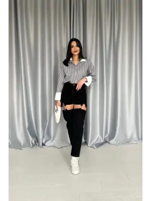 Siyah Askılı İki Parça Jeans Pantolon