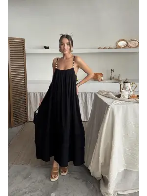 Siyah Askılı Müslin Elbise