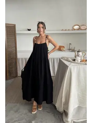 Siyah Askılı Müslin Elbise
