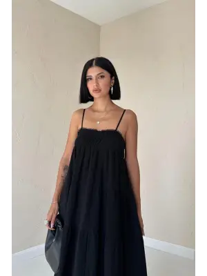 Modern Siyah Askılı Müslin Elbise