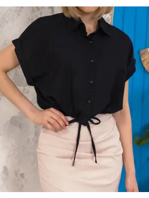 Omarı Siyah Bağlamalı Crop Gömlek