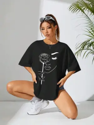 Omarı Siyah Baskılı Oversize T-shirt