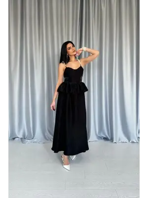 Omarı İnci Askılı Uzun Elbise - Siyah Beli Büzgülü Özel Tasarım