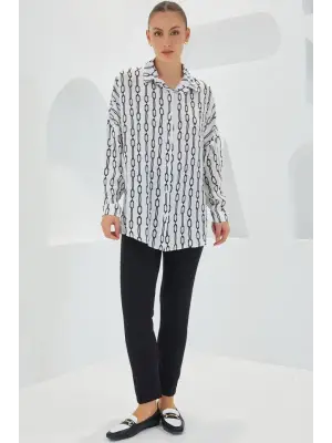 Siyah Beyaz Desenli Oversize Saten Gömlek 3985