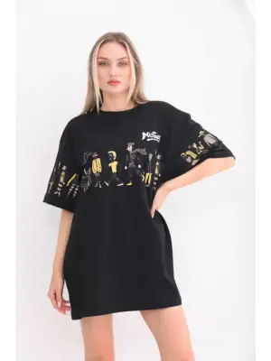 Omarı Siyah Baskılı Oversize Unisex Bisiklet Yaka T-Shirt