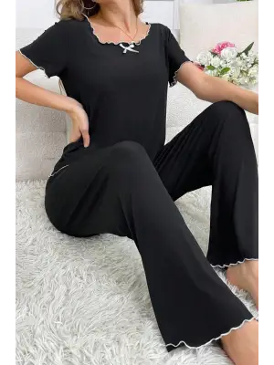 Omarı Yazlık Siyah Pamuklu Pijama Takımı