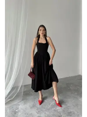 Siyah Boyundan Bağlamalı Keten Elbise