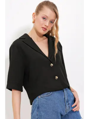 Siyah Çift Düğmeli Oversize Crop Keten Ceket 0706