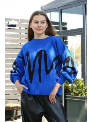 Siyah çizgili bisiklet yaka kazak Saks